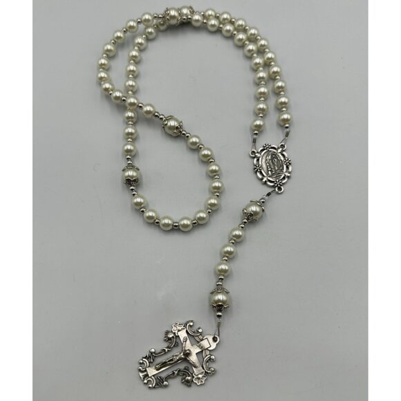 Vintage Rosary Necklace Faux Pearl Silver Tone Ornate Cross Religious Beaded - Picture 1 of 11